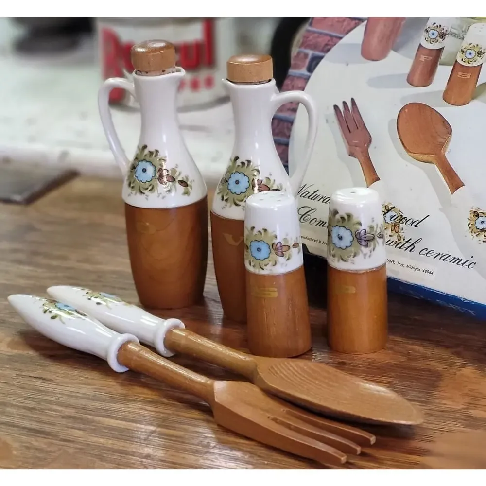 Vintage 6 Pc Salad Set Japan Wood Ceramic Kresge Oil Vinegar Salt Pepper MCM